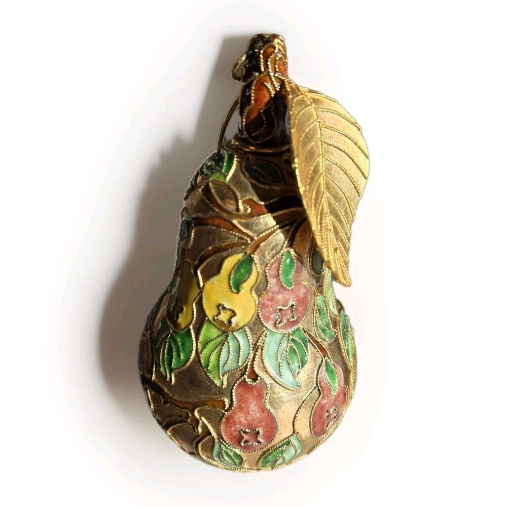Vintage Cloisonné Pear Ornament Enamel Brass Fruit Design‎ Gold Leaf Accent
